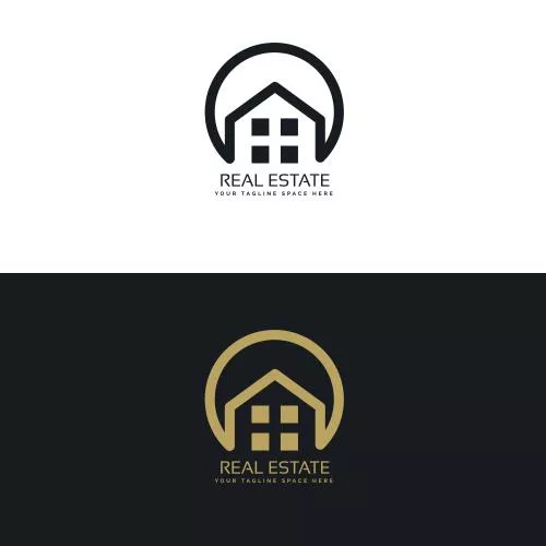 وکتور لوگوی خطی و مینیمال مشاوره املاک شامل اشکال گرد به همراه المان خانه و پنجره به صورت رایگان و فایل EPS لایه باز