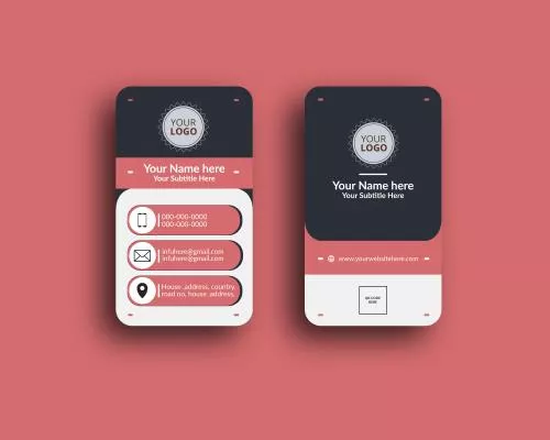 وکتور کارت ویزیت عمودی دو رو به همراه جای عکس و نام و تلفن همراه و ایمیل و لوکیشن با رنگ های مشکی و قرمز و سفید به صورت قابل ویرایش و کاملا لایه باز بدون افت کیفیت و با لایه بندی در قالب فایل EPS