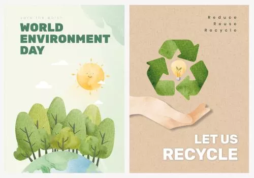 وکتور رایگان و آبرنگی و کارتونی لوگوی بازیافت زباله به همراه دست و کره زمین به همراه درخت و خورشید فایل EPS لایه باز