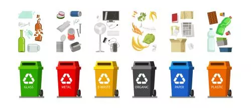 وکتور سطل زباله شامل رنگ های مختلف سطل های تفکیک و بازیافت زباله به صورت رایگان و فایل EPS لایه باز با لایه بندی حرفه ای