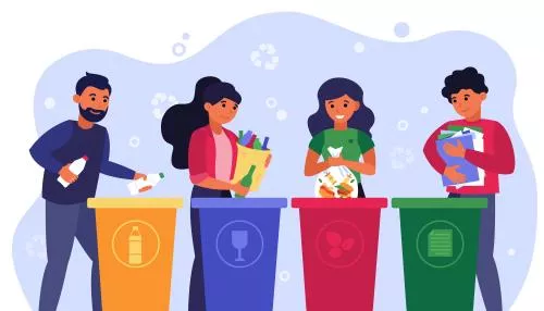 وکتور بازیافت زباله و تفکیک زباله شامل مردان و زنان در حال ریختن زباله در سطل های زباله به صورت لایه باز و با لایه بندی حرفه ای فایل EPS رایگان