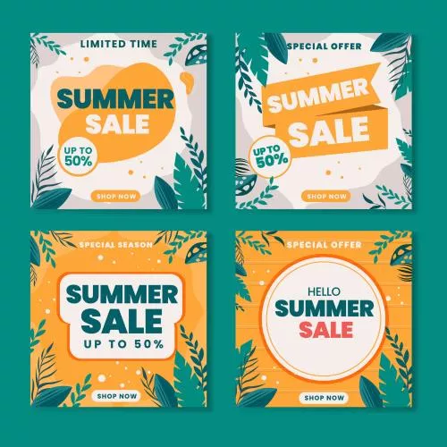وکتور EPS قالب شبکه های اجتماعی ویژه حراج تابستان با برگ های تخت 25846