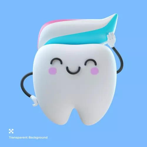 تصویر سه بعدی شخصیت کارتونی دندان ناز به همراه خمیر دندان فایل PSD لایه باز با لایه بندی	