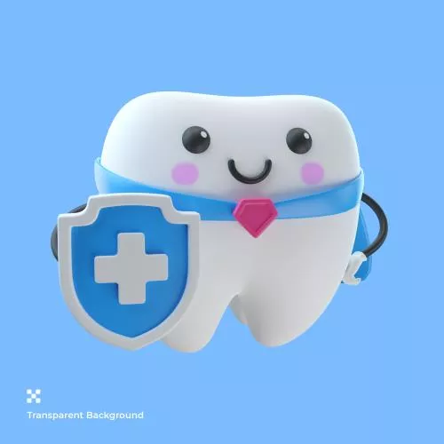 تصویر سه بعدی شخصیت کارتونی دندان ناز به همراه مدال و سپر با لبخند فایل PSD لایه باز با لایه بندی	