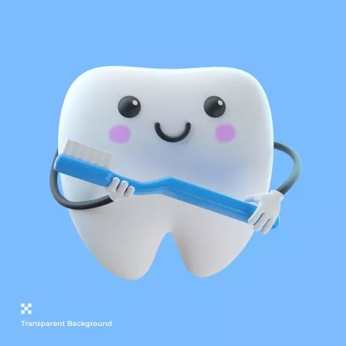 تصویر سه بعدی شخصیت کارتونی دندان ناز به همراه مسواک در دو دست با لبخند فایل PSD لایه باز با لایه بندی