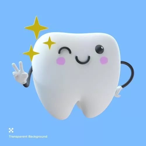 تصویر سه بعدی شخصیت کارتونی دندان ناز به همراه ستاره درحال چشمک زدن با لبخند فایل PSD لایه باز با لایه بندی	