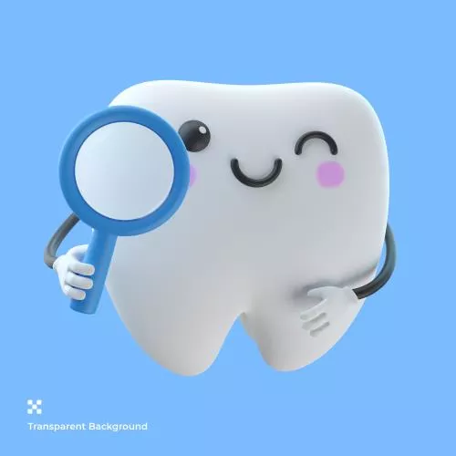 تصویر سه بعدی شخصیت کارتونی دندان ناز به همراه ذره بین فایل PSD لایه باز با لایه بندی	