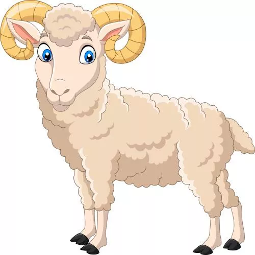 طرح گرافیکی کودکانه گوسفند و قوچ با مزه کارتونی زرد و کرم رنگ ایستاده وکتور EPS لایه باز با لایه بندی حرفه ای