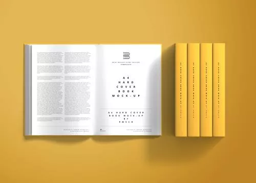موکاپ کتاب از زاویه روبرو و کنار فایل PSD لایه باز با رنگ زمینه زرد به همراه لایه بندی حرفه ای