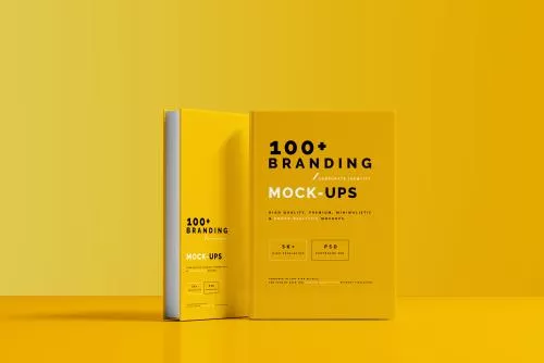 موکاپ کتاب ایستاده از زاویه روبرو فایل PSD لایه باز با رنگ زمینه زرد به همراه لایه بندی حرفه ای