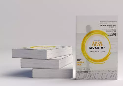 موکاپ کتاب ایستاده و روی هم از زاویه روبرو فایل PSD لایه باز با رنگ زمینه سفید به همراه لایه بندی حرفه ای