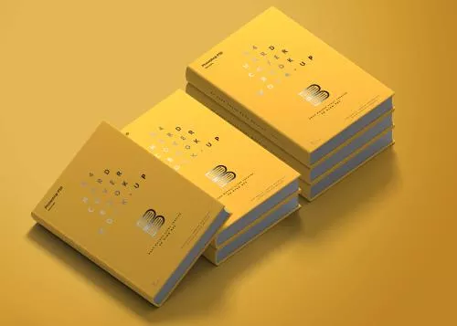 موکاپ کتاب های روی هم از زاویه بالا فایل PSD لایه باز با رنگ زمینه زرد به همراه لایه بندی حرفه ای