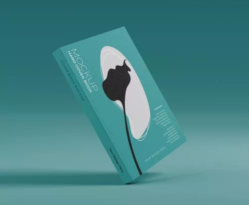 موکاپ کتاب ایستاده از زاویه روبرو فایل PSD لایه باز با رنگ زمینه سبز آبی به همراه لایه بندی حرفه ای