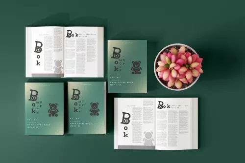 موکاپ کتاب از زاویه بالا روی سطح در کنار گلدان کاکتوس با نوردهی حرفه ای mockup با تم زمینه سبز فایل PSD لایه باز با لایه بندی حرفه ای	