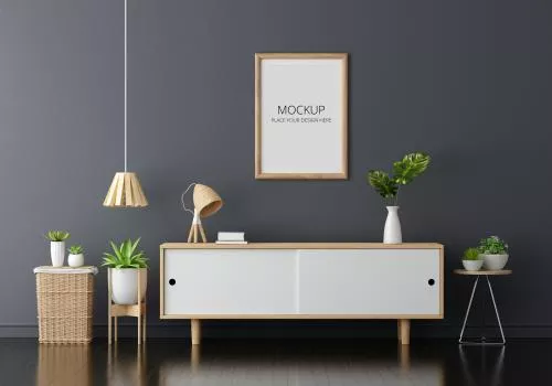 بوفه چوبی در اتاق نشیمن با موکاپ قاب Psd لایه باز یا لایه بندی حرفه ای