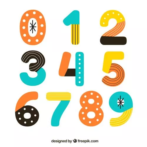 وکتور Ai و EPS لایه باز کالکشن اعداد انگلیسی به صورت کارتونی و طرح دار با تم نارنجی و زرد و سبز