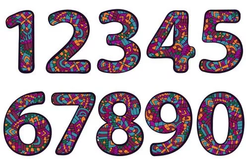 وکتور EPS لایه باز کالکشن اعداد انگلیسی طرح دار با تم بنفش و آبی و نارنجی