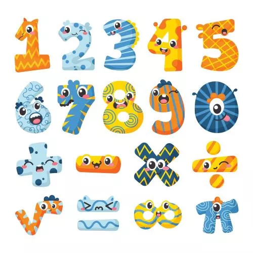 وکتور Ai و EPS لایه باز کالکشن اعداد انگلیسی و عملگرهای ریاضی به صورت رنگی و طرح دار