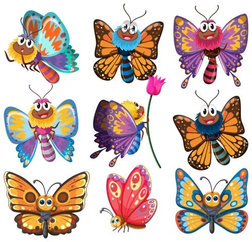وکتور EPS مجموعه پروانه های کارتونی رنگارنگ 25985