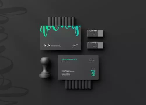 فایل PSD موکاپ ست اداری و هویت شرکتی و برندسازی لوازم اداری مشکی از نمای بالا 26102