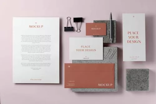 فایل PSD موکاپ لوازم التحریر کاغذی با زمینه مصالح سنگی - موکاپ ست اداری رایگان 26149