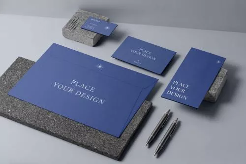 فایل PSD موکاپ لوازم التحریر کاغذ با زمینه سنگی - موکاپ ست اداری 26150