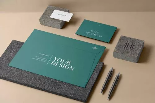 فایل PSD موکاپ لوازم تحریر کاغذی با زمینه سنگی - موکاپ ست اداری 26151