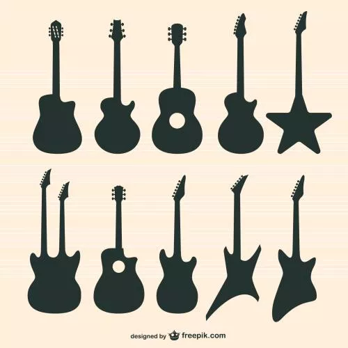 وکتور لایه باز EPS و Ai طرح گرافیکی و کارتونی انواع مختلف سازهای موسیقی (آلات موسیقی) شامل انواع گیتار