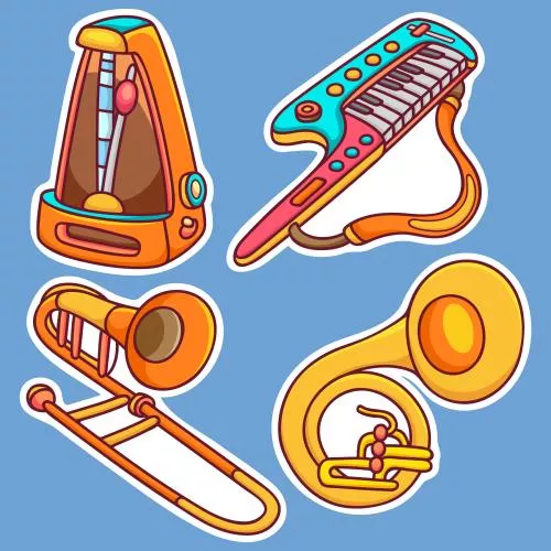 وکتور لایه باز EPS  طرح گرافیکی و کارتونی انواع مختلف سازهای موسیقی (آلات موسیقی) شامل ساکسیفون و اورگ