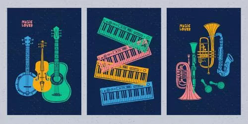 وکتور لایه باز EPS پوستر یا بنر طرح گرافیکی انواع سازهای موسیقی (آلات موسیقی) شامل گیتار ویولن پیانو ساکسیفون