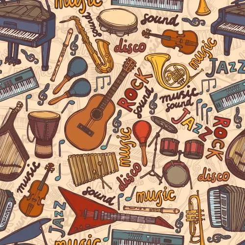 وکتور لایه باز EPS پوستر طرح گرافیکی و کارتونی انواع مختلف سازهای موسیقی (آلات موسیقی) 