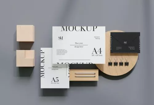 فایل PSD موکاپ لوازم التحریر چوبی و ست اداری 26192