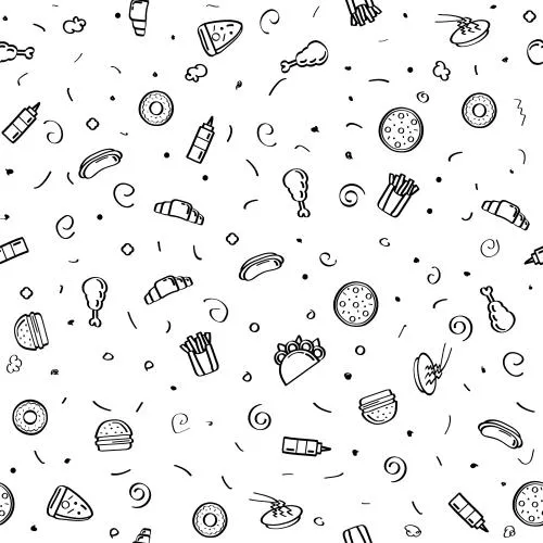 وکتور EPS طرح وکتور الگوی سیاه‌دوزی انتزاعی دست‌کشیده از عناصر فست فود با پس‌زمینه سبک 27733