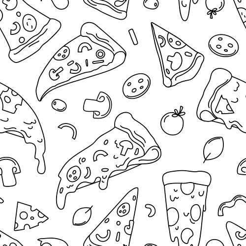 وکتور EPS پترن بی‌درز پیتزا طرح خط خطی تکه‌های برش خورده پیتزا و مواد تشکیل دهنده 27737