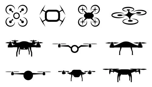 وکتور EPS مجموعه آیکون های پهپاد غیرنظامی با پس زمینه سیاه و سفید، لوگوهای سیلوئت پهپاد، قالب‌های پرواز 27923