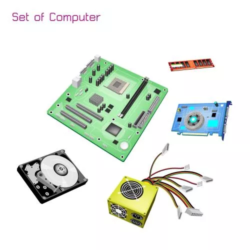 وکتور EPS مجموعه تصاویر رنگارنگ تجهیزات کامپیوتر شامل پاور و کارت گرافیک و مادربرد و هارد 27925