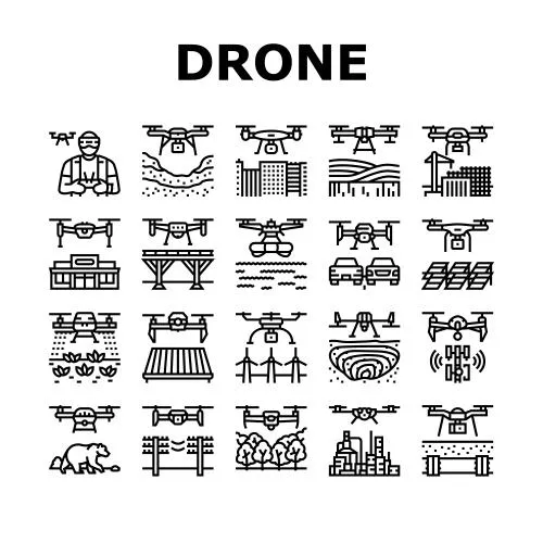وکتور EPS مجموعه وکتور آیکون های تجاری پهپاد برای صنعت ، نقشه‌برداری ، اپراتور ، آب و هوا ، ایمنی ، نقشه‌بردار زمین ، شهر و کشاورزی 27938