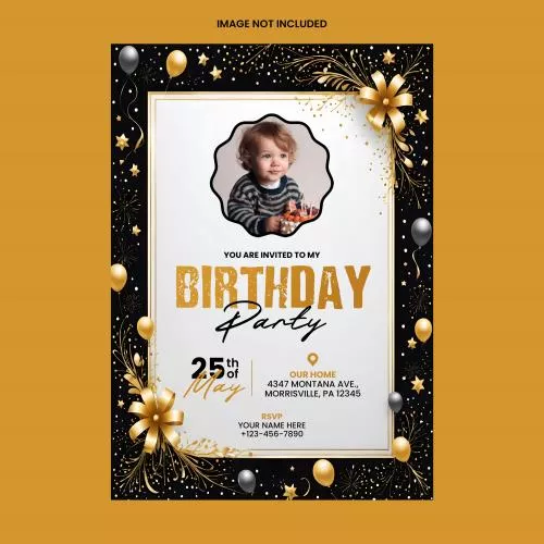 فایل PSD کارت دعوت جشن تولد طلایی و مشکی 28028