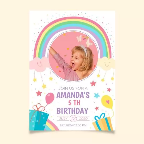 وکتور EPS و AI کارت دعوت تولد رنگین کمانی با قابلیت قرار دادن عکس 28030