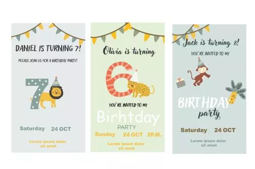 وکتور EPS مجموعه کارت های دعوت تولد کودکان با طراحی کودکانه قابل استفاده برای جشن تولد به صورت لایه باز و قابل ویرایش 28037
