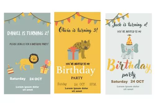 وکتور EPS مجموعه کارت های دعوت تولد کودکان با طرح کودکانه مناسب جشن تولد 28038