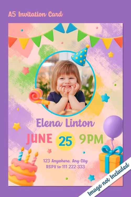 فایل PSD کارت دعوت جشن تولد رنگارنگ با تزئینات سه بعدی به صورت قابل ویرایش و لایه بندی شده 28039