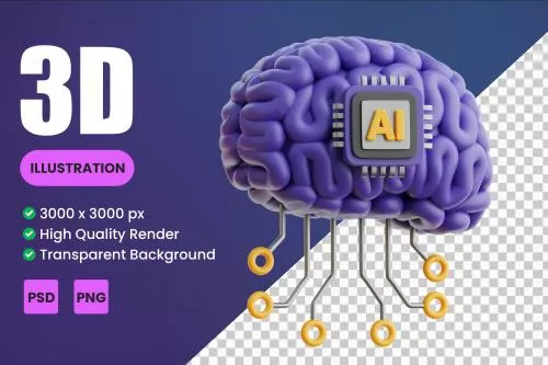 فایل PSD تصاویر آیکون سه بعدی مغز با مدار های الکتریکی ، تصویر سازی هوش مصنوعی 28070