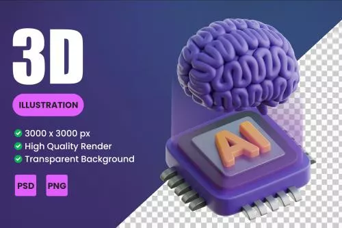 فایل PSD تصاویر آیکون سه بعدی تراشه مغزی روی مدار الکتریکی ، تصویر سازی و بنر هوش مصنوعی 28071