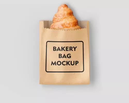 فایل PSD موکاپ پاکت کاغذی قهوه‌ای با جای نشان و لوگوی نانوایی و شیرینی فروشی و قنادی به همراه کروسان داخل پاکت 28094