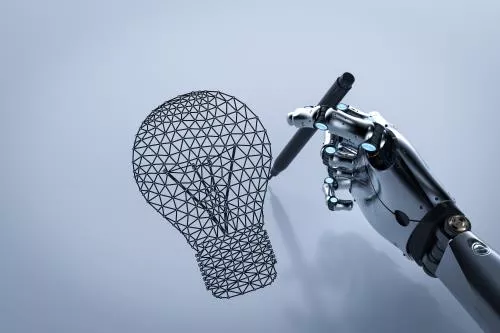 عکس با کیفیت خلاقیت با رندر سه بعدی ربات که یک لامپ چندضلعی روی کاغذ می‌کشد 28104