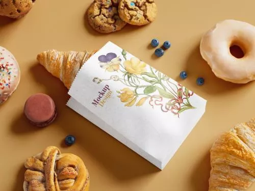 فایل PSD موکاپ کیسه کاغذی کروسان با طرح گل مناسب برای نانوایی ها و قنادی ها و شیرینی فروشی ها 28105