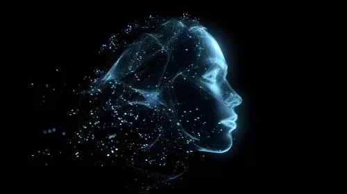 عکس با کیفیت صورت انسان دیجیتالی تشکیل شده از اتصالات نور روی پس زمینه تاریک با مفهوم هوش مصنوعی 28118