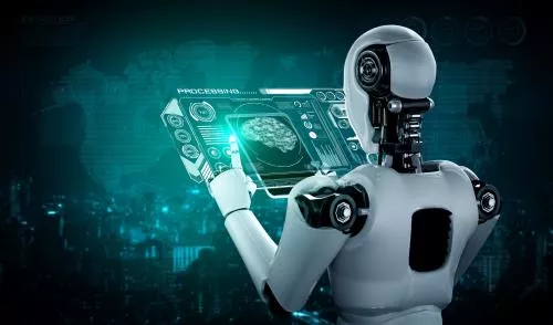 عکس با کیفیت ربات انسان نما در حال استفاده از تبلت برای تحلیل داده‌های بزرگ 28123