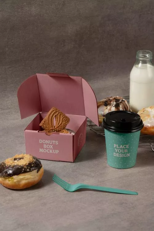 فایل PSD طراحی موکاپ جعبه دونات برای شیرینی پزی ها و قنادی ها 28126